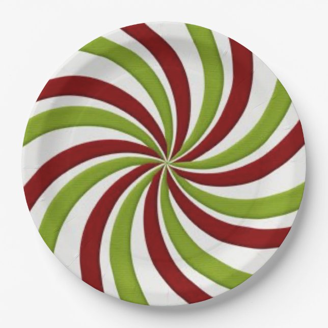Christmas Green and Red Peppermint Candy Paper Plate (Front)