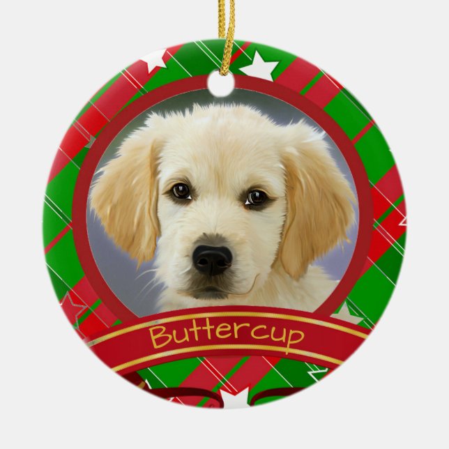 Christmas Green and Red Personalised Pet Dog Photo Ceramic Tree Decoration (Front)