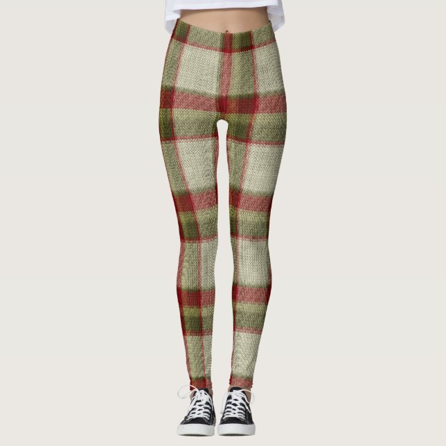 Christmas Green and Red Plaid Knitting Pattern Leggings (Front)