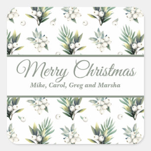 Christmas Green And White Floral Custom Holiday Square Sticker