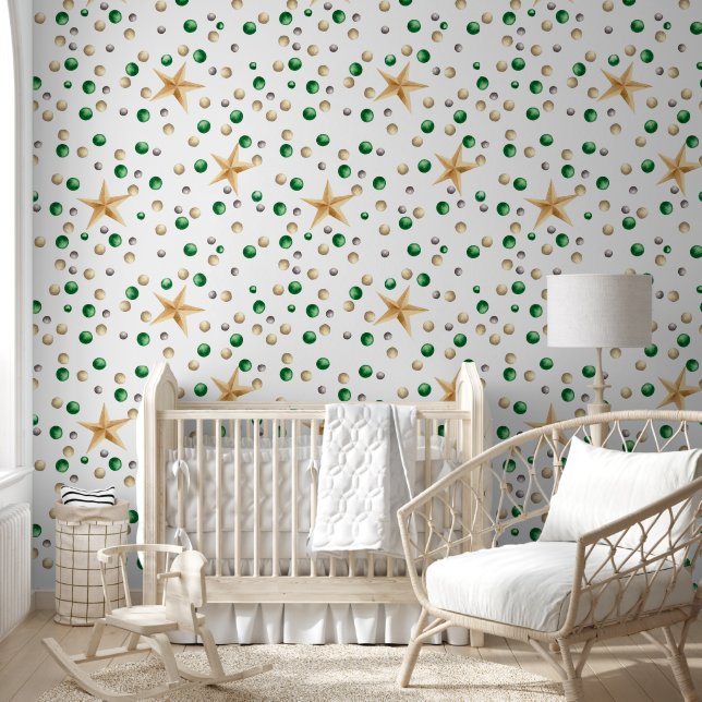 Christmas Green Balls Gold Stars Nursery Wallpaper (Kids)