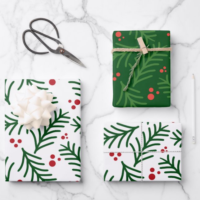 Christmas Green Berries Modern Wrapping Paper (Front)
