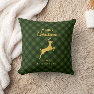 Christmas Green & Black Buffalo Plaid Deer  Cushion