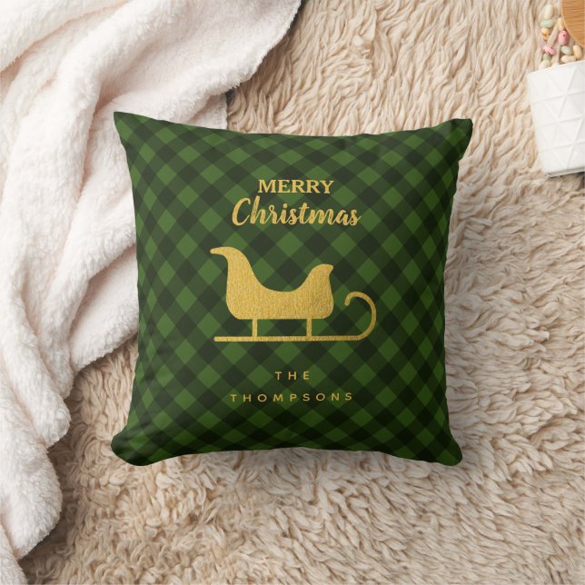 Christmas Green Black Buffalo Plaid Santa Sleigh  Cushion (Blanket)