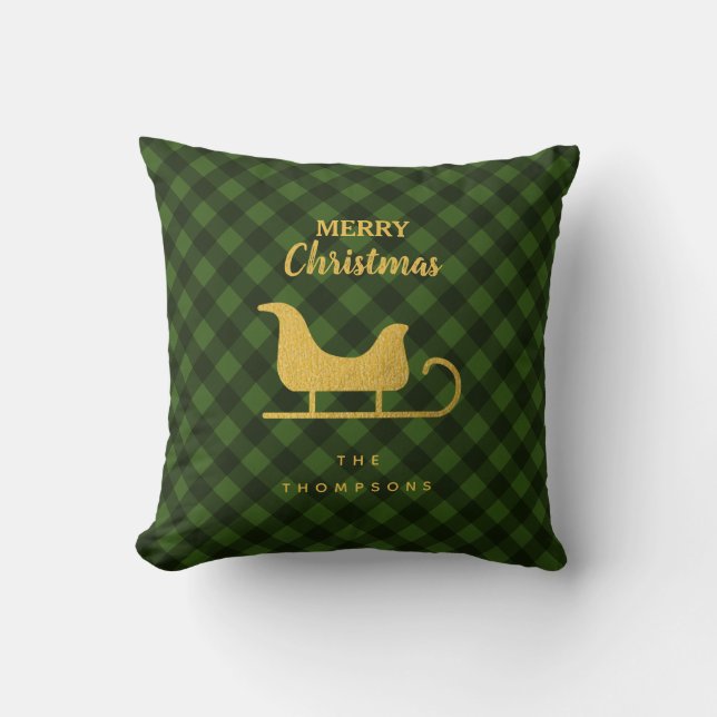 Christmas Green Black Buffalo Plaid Santa Sleigh  Cushion (Front)