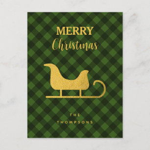Christmas Green Black Buffalo Plaid Santa Sleigh  Holiday Postcard