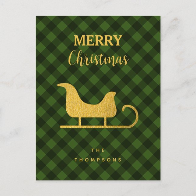 Christmas Green Black Buffalo Plaid Santa Sleigh  Holiday Postcard (Front)