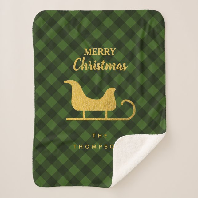Christmas Green Black Buffalo Plaid Santa Sleigh  Sherpa Blanket (Front)