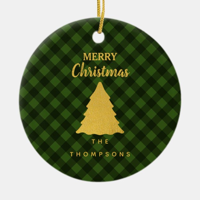 Christmas Green & Black Buffalo Plaid Xmas Tree Ceramic Tree Decoration (Front)