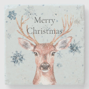 Christmas Green Blue Snowflakes Deer Stone Coaster
