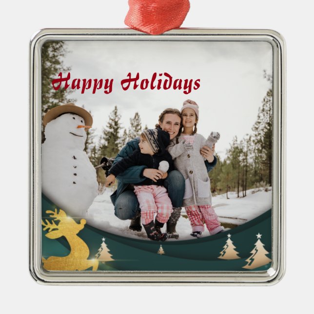 Christmas Green Border Custom Family Photo Metal Tree Decoration (Front)