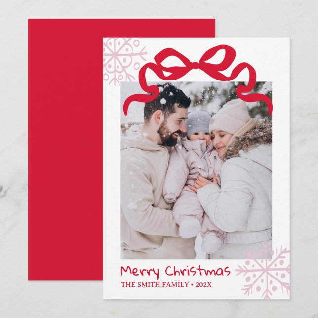 Christmas Green Bow snowflakes Photo card  (Front/Back)