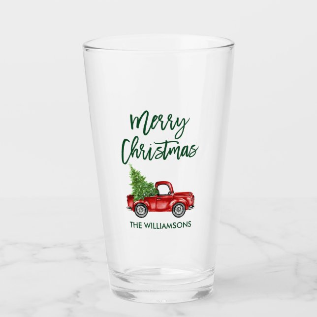 Christmas Green Brush Script Vintage Truck Glass (Front)