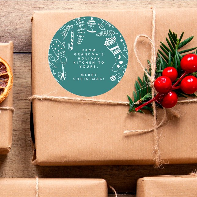 Christmas Green Cheer Holiday Baking Hand Drawn Classic Round Sticker (Creator Uploaded)