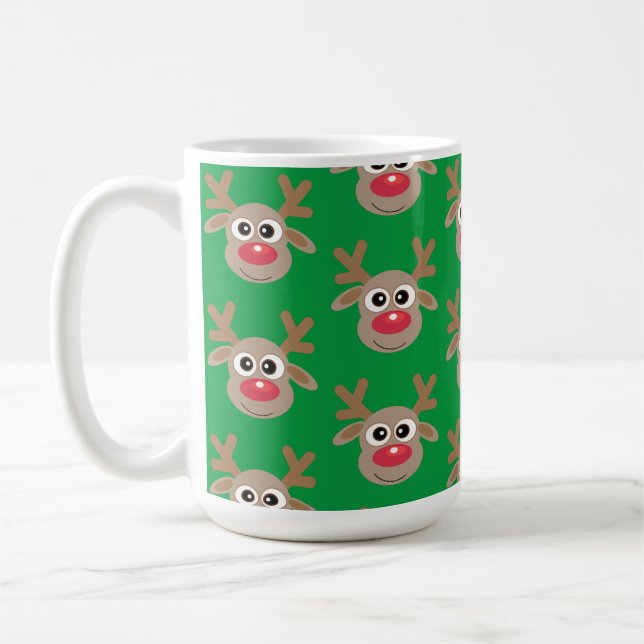 Christmas Green Cute Reindeer Cartoon Pattern Coffee Mug (Left)