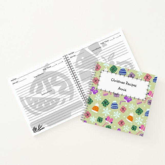 Christmas Green Doodle Pattern Monogram Recipe  Notebook (Inside)
