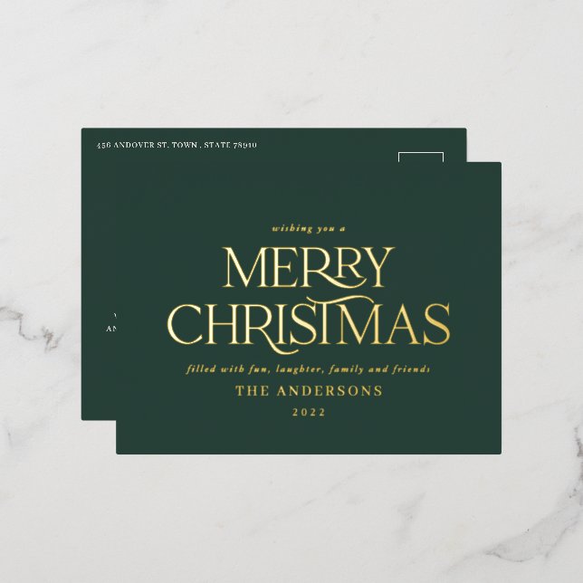 Christmas green elegant minimal modern typography foil holiday postcard (Front/Back)