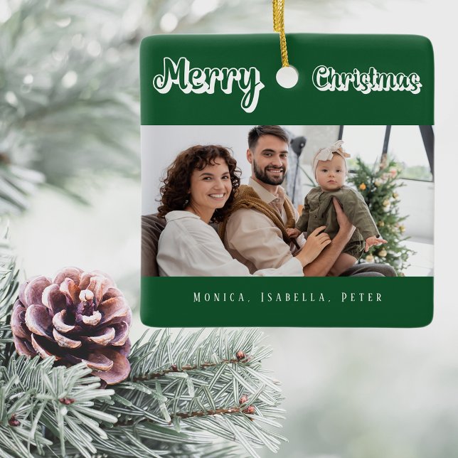 Christmas green family photo names modern ceramic ornament (Creator Uploaded)