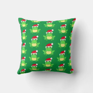 Christmas Green Frog Santa Hat Pattern Novelty Cushion