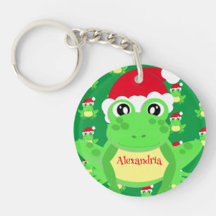 Christmas Green Frog Santa Hat Pattern Novelty Key Ring