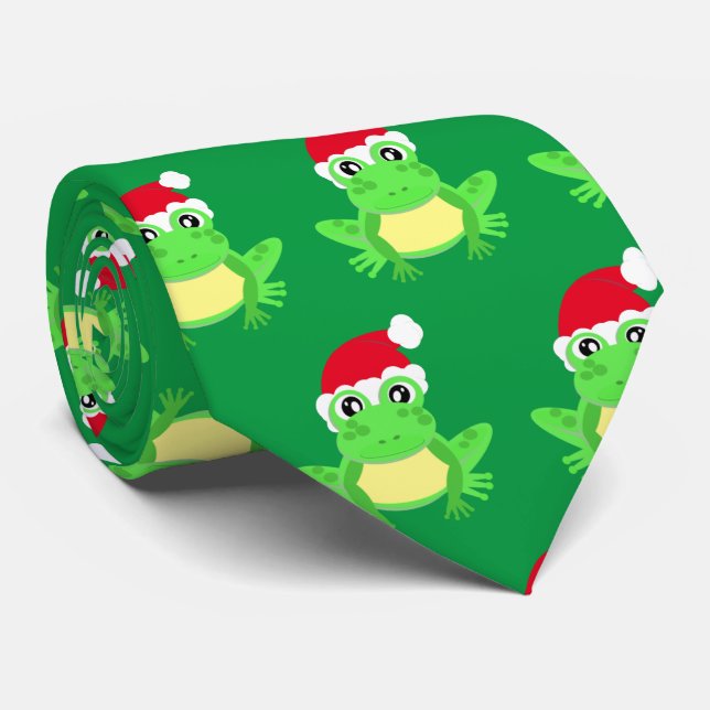 Christmas Green Frog Santa Hat Pattern Novelty  Tie (Rolled)