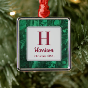 Christmas Green Gemstone Family Initial Monogram Metal Tree Decoration