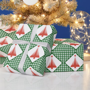 Christmas green gingham with red tree wrapping paper