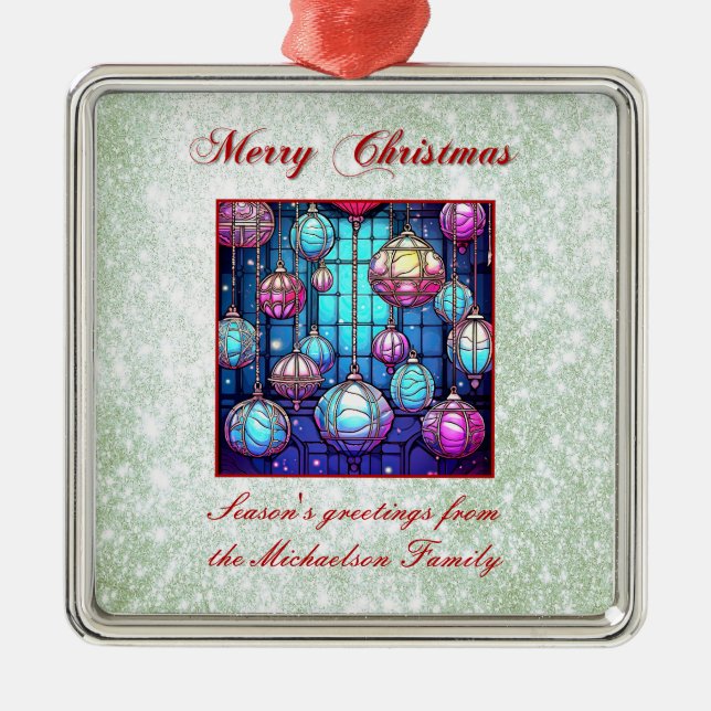 Christmas Green Glitter Stained Glass Bauble Metal Tree Decoration (Front)