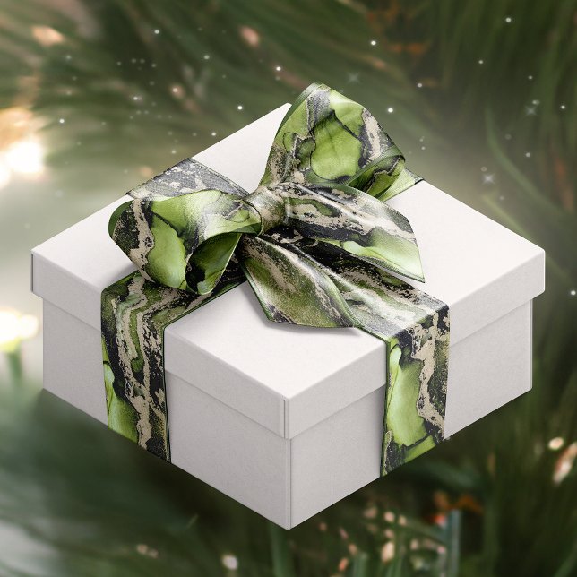 Christmas Green Gold Abstract Satin Ribbon (Emerald Green Black Gold Abstract Satin Ribbon)
