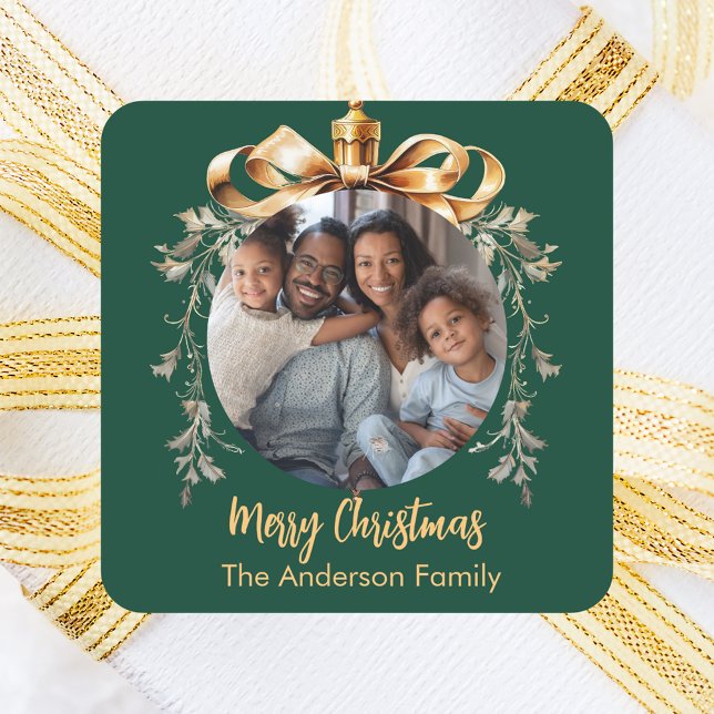 Christmas green gold bauble family photo square sticker (Creator Uploaded)