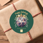 Christmas green gold bauble team photo logo classic round sticker<br><div class="desc">Green background. Personalise and add your own photo and company logo. A golden Christmas tree bauble as frame. Add a text,  name or your web url.</div>