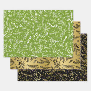 Christmas Green Gold Black Winter Botanical Wrapping Paper Sheet