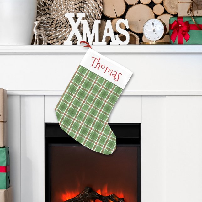 Christmas Green Holiday Rustic Farmhouse Plaid Small Christmas Stocking (Christmas holiday green and red plaid pattern stocking.)