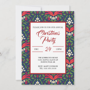 Christmas, Green Holly Leaves, Berries, Red bow  Invitation