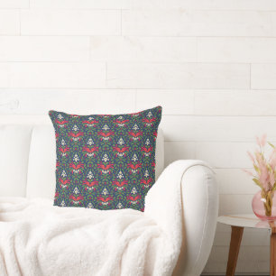 Christmas, Green Holly Leaves, Red Berries, Bow  Cushion