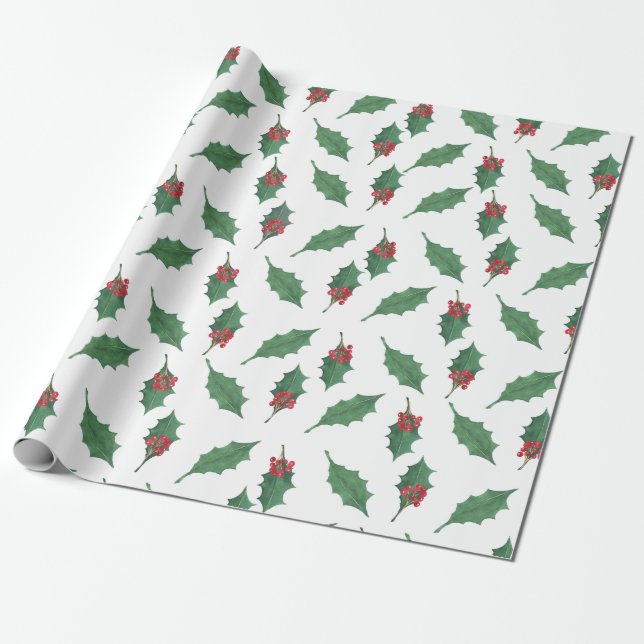 Christmas Green Holly Red Berries On White Wrapping Paper (Unrolled)