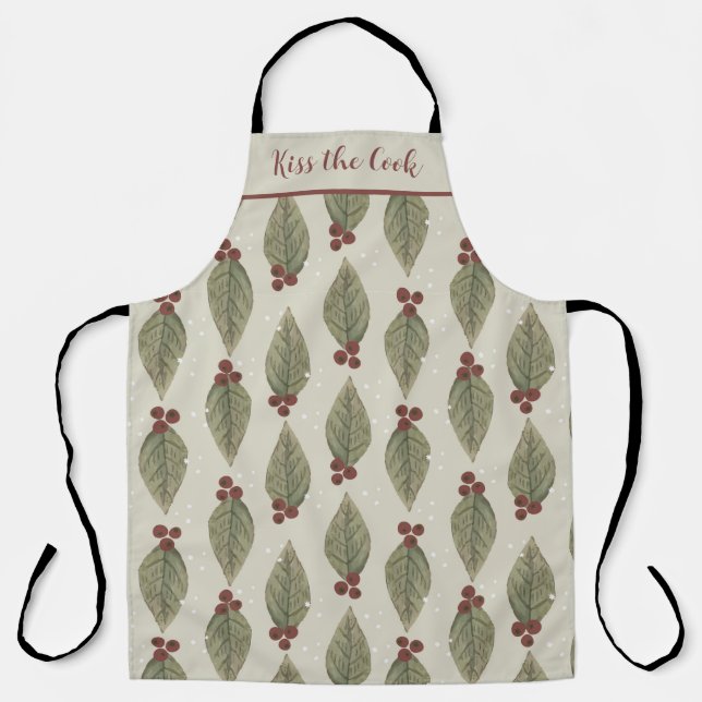 Christmas Green Leaves Red Berries Apron (Front)