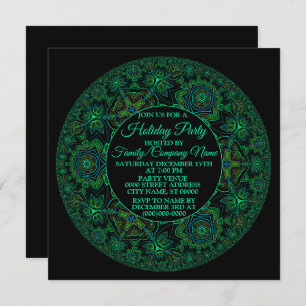 Christmas Green Mandala Holidays Party Black Invitation