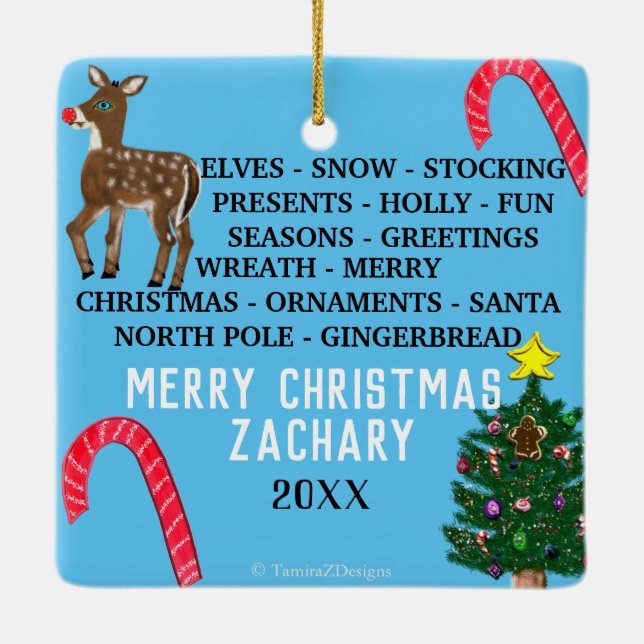 Christmas Green Mini 15 Word Puzzle Ceramic Ornament (Back)