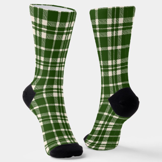 Christmas green off white farmhouse plaid rustic socks (Angled)