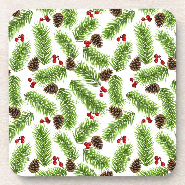 Christmas Green Pine Leaves, Cones & Red Berries Coaster (Front)