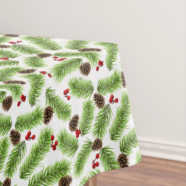 Christmas Green Pine Leaves, Cones & Red Berries Tablecloth (In Situ)