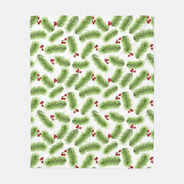 Christmas Green Pine Leaves & Red Berries on White Fleece Blanket (Front)