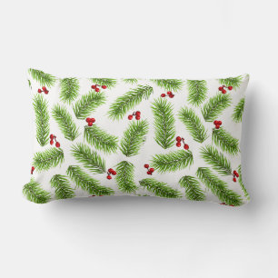 Christmas Green Pine Leaves & Red Berries on White Lumbar Cushion