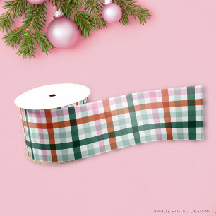 Christmas Green Pink Red Plaid Satin Ribbon