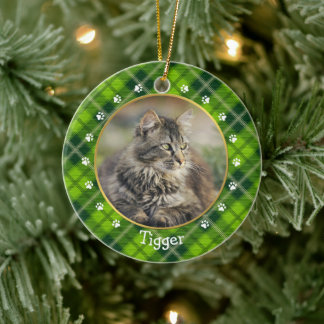 Christmas Green Plaid Cat Photo Frame & Name Ceramic Tree Decoration
