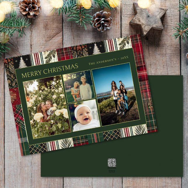 Christmas Green Plaid Family Four Photo Collage Holiday Card (Creator Uploaded)