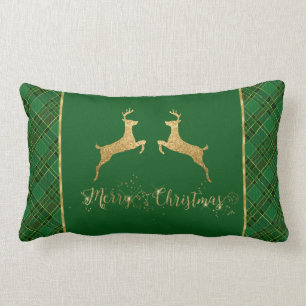 Christmas Green Plaid Gold Foil Deer Lumbar Cushion
