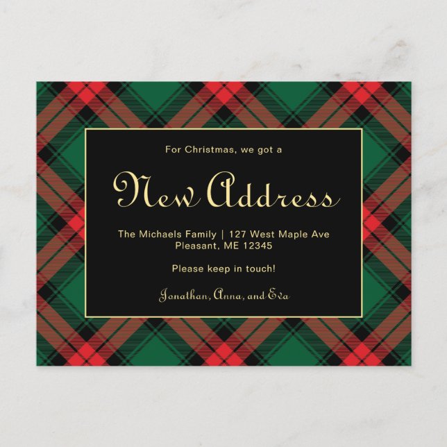 Christmas Green Plaid New Address Holiday Move Postcard (Front)