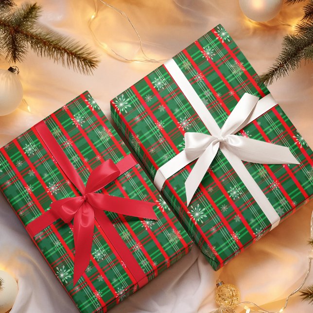 Christmas Green Plaid Snowflakes Wrapping Paper Sheet (Wrap your gifts in festive green plaid, spreading holiday warmth and cheer!)